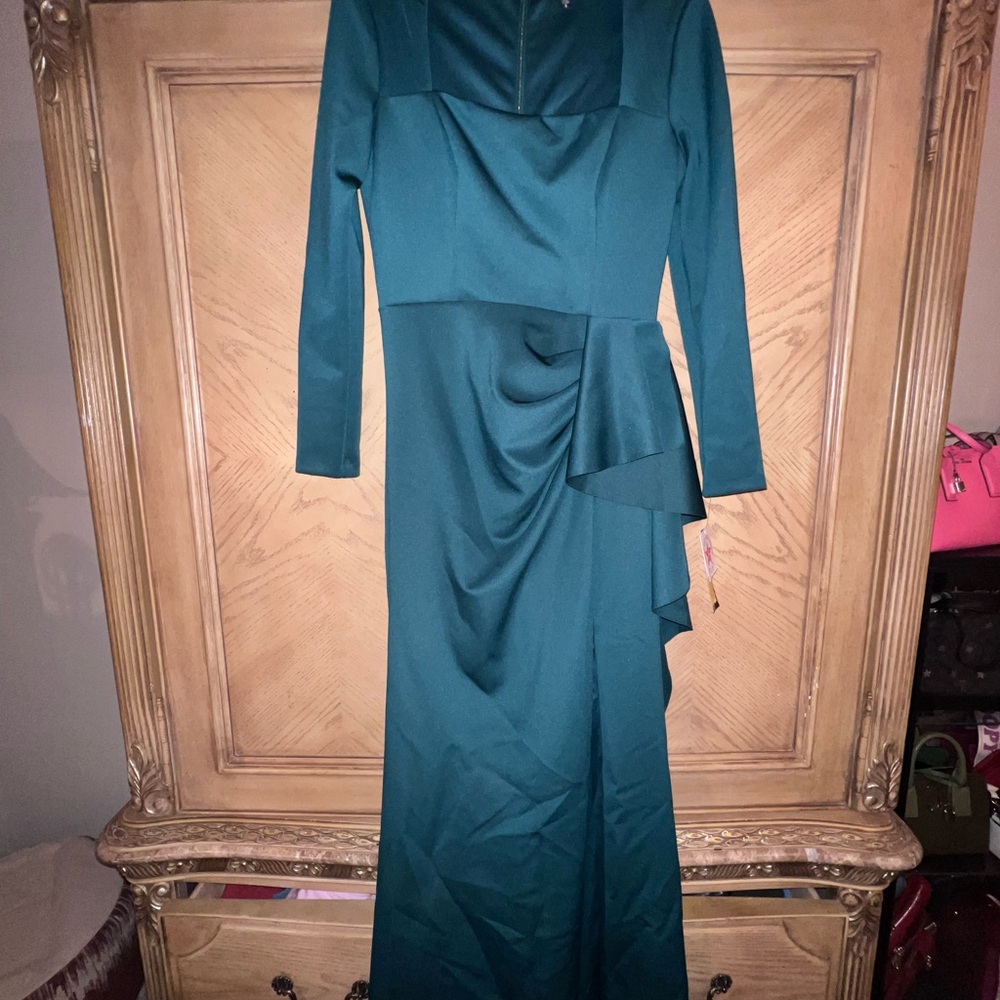 Xscape Blue Long Sleeve Mock Neck Cocktail Gown
